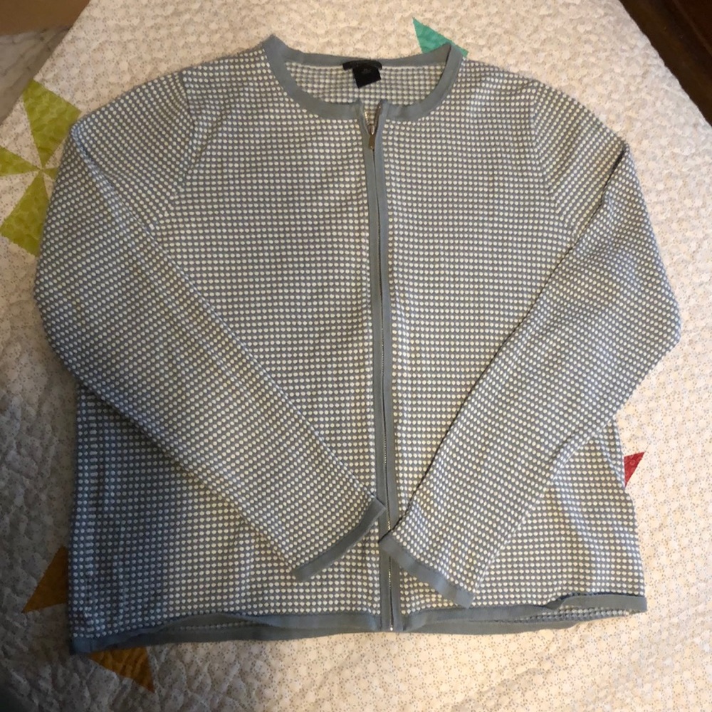 Ann Taylor Factor zip cardigan with white polka dots